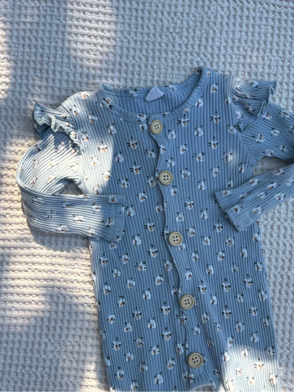 Light Blue Floral Ribbed Romper with Buttons